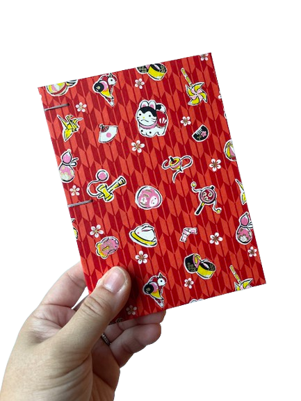 handheld pocket notebook drawing sketch art journal chiyogami washi paper festival red cat drum rabbit fan crane parrot